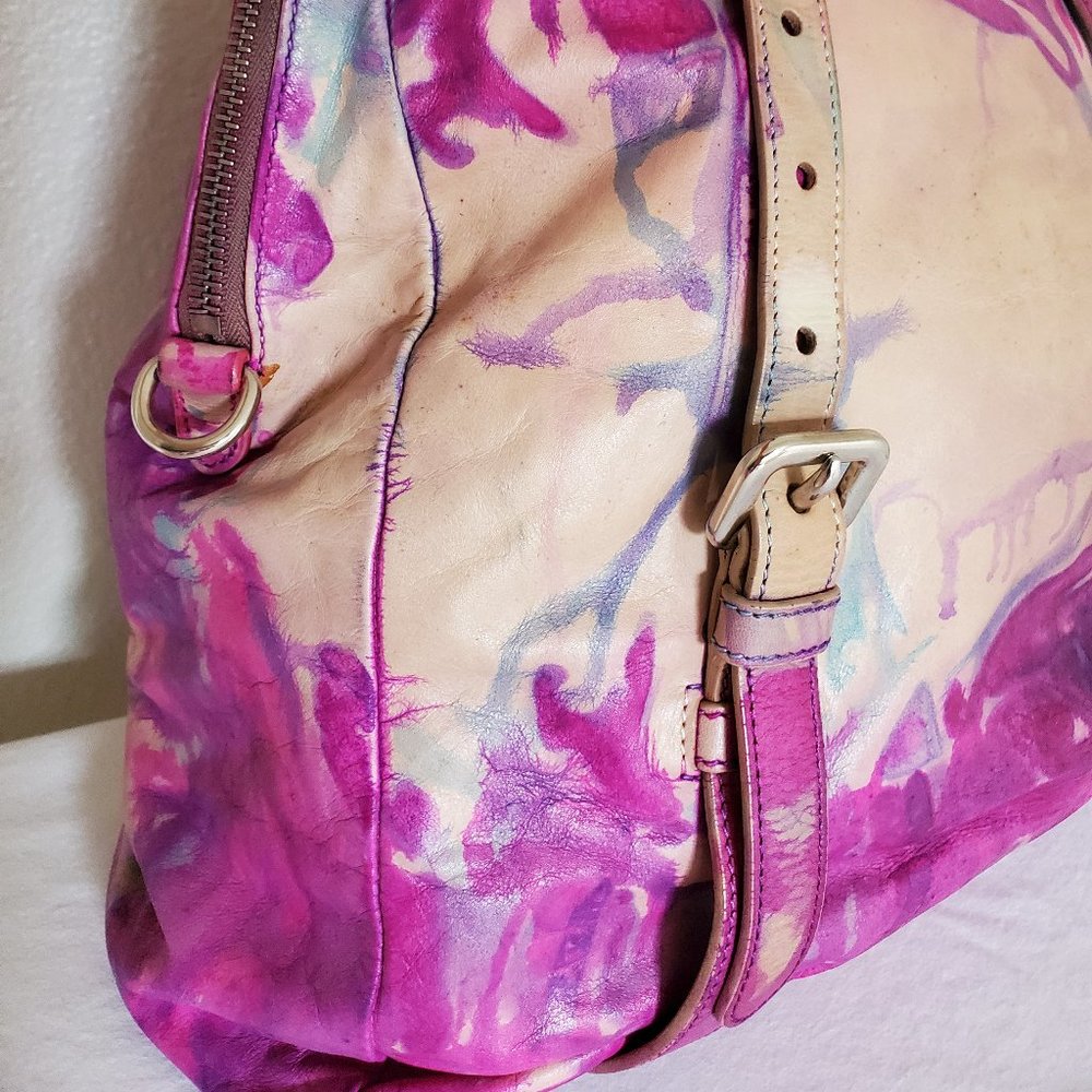XL Prada Leather Purse tote hobo bag tie dyed painted pink beige purple tan blue - Picture 8 of 15